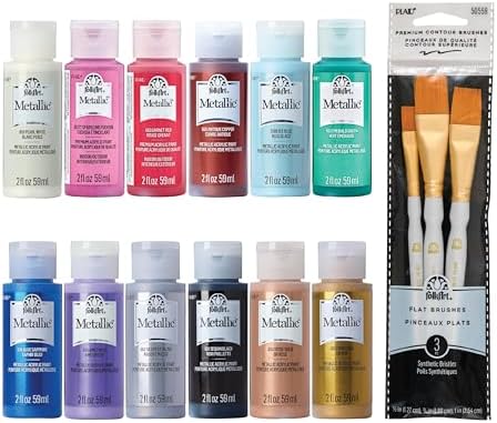 FolkArt Jewel Tone Acrylic Craft Paint Kit, 15 Piece Set Including 12 Metallic Colors and 3 Premium Paintbrushes, PROMOFAMET15