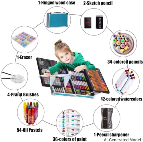 KINSPORY Deluxe Art Supplies Kit for Kids, Boys, Girls, Teens, Ages 5-12, with Sketch Pad, Watercolors, Crayons, Pencils, Markers, Oil Pastels, Palettes, Brushes, Erasers - Blue | Art Supplies Case with 1 Sketchbook & 1 Coloring Book, Art Box for Begin...