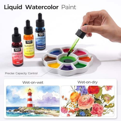 Nicpro 12 Colors Liquid Watercolor Paint Set 30ml (1oz) Ink Dropper Bottles