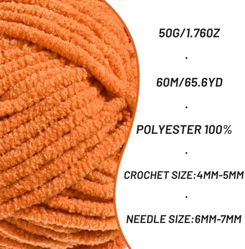2 Packs Plush Chenille Chunky Crochet Yarn - Baby Yarn for Crocheting Soft - Velvet Yarns Knitting for Blankets Crafts - Fluffy Amigurumi Yarns 100g/131yds (2 Orange)
