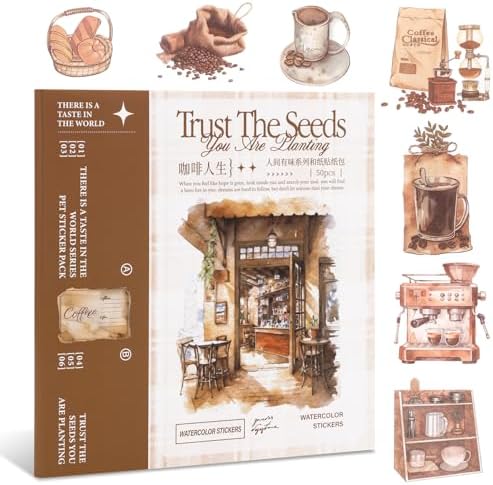 RISYPISY 558pcs Coffee Theme Washi Sticker Book for Scrapbooking | 50 Sheets Journaling Stickers for Junk Journals & Planners