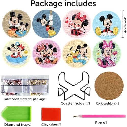 nekpiahu 8Pcs Cartoon Diamond Painting Coasters with Holder,DIY Cartoon Life Coaster Diamond Art Kits for Adults, Beginners Round Full Drill Diamond Art Craft Supplies