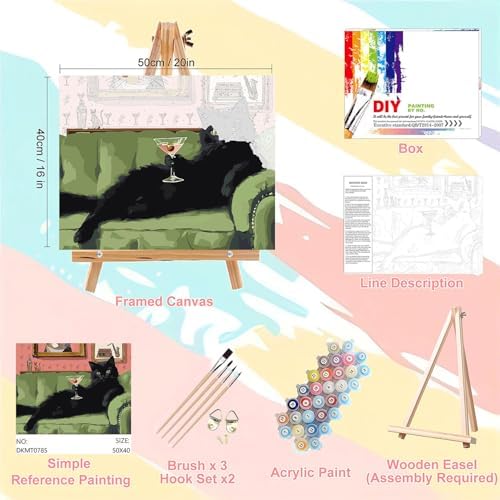 Black Cat Paint by Numbers for Adults with Framed Canvas - Wooden Easel