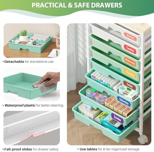Goovilla Rolling Cart with 8 Drawers for Art, Dorm, Office, Craft, Green | Utility Cart Organizer With 8 Removable Drawers and Wooden Tabletop, Lockable Rolling Storage Organizer for Classroom, Home