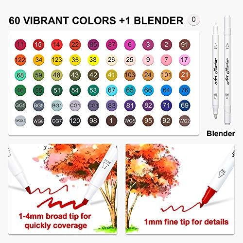 Lelix 61 Colors Alcohol Art Markers, 60 Colors Plus 1 Blender Dual Tip Permanent Marker Pens Highlighters Perfect for Kids Adults Artist Drawing Sketching Card Making & Coloring Books