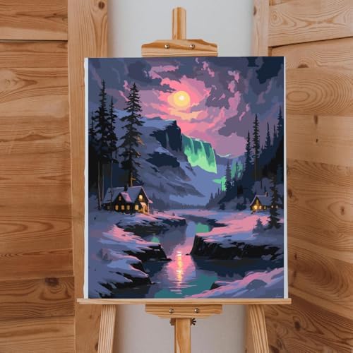 Lovepefe Snow Mountain Paint By Numbers Kit for Adults Beginner Waterfall Adult Paint By Number Kits On Canvas River Cabin Oil Painting Kit for Adults Kits for Gift Home Wall Decor 16x20 Inch
