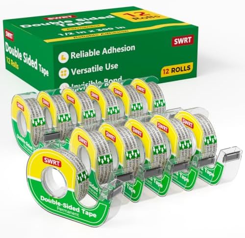 SWRT Double-Sided Tape, 1/2 in x 300 in, 12 Pack with Dispensers