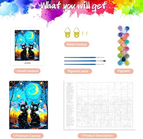 Yunnuo Paint by Numbers Kit for Adults Two Black Cat, Adult Paint by Number Kits Animals and Starry Night,DIY Paintwork with 3 Paintbrushes and Acrylic Paints,Perfect for Home Wall Decor 16x20 Inch
