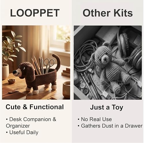 LOOPPET Crochet Dachshund Kit for Beginners, Wiener Dog Gifts for Women, DIY Dog Crochet Kit with No-Fray Yarn & Step-by-Step Video Tutorials, Cute Pen Holder Desk Decor