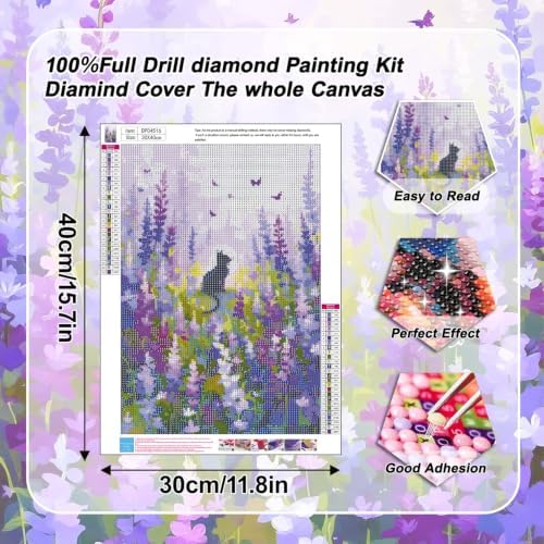 VeGuude Black Cat Diamond Art Kits for Adults,Lavender 5D DIY Full Round Drill Diamond Painting Kit,Landscape Scenery Diamond Art Gem Painting for Gift Home Wall Decor (12x16 inch)