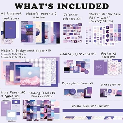 Draupnir Aesthetic Scrapbook Kit(348pcs), Bullet Junk Journal Kit with Journaling/Scrapbooking Supplies, Stationery,A6 Grid Notebook with Graph Ruled Pages DIY Scrapbook Gift for Girl Kid(Moonlight)