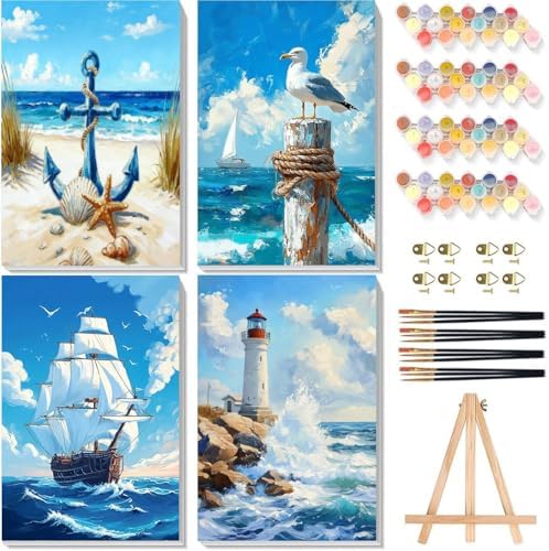 bleihum 4 Pack Beach Paint by Numbers Kit for Adults with Frame Easel | Seaside Paint by Number Kits on Canvas, Sea Painting by Numbers for Adults Beginners Home Decor Gift 8x12 Inch