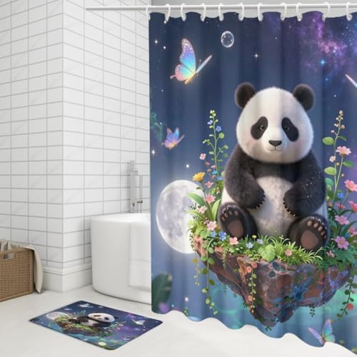 Kawaii Cartoon Animal Panda 4Pcs Shower Curtain Sets,Fairy Tale Forest Night Full Moon Bathroom Decor Set,Cute Panda Bears Butterflies Toilet Lid Rug, Bath Mat and Contour Mat