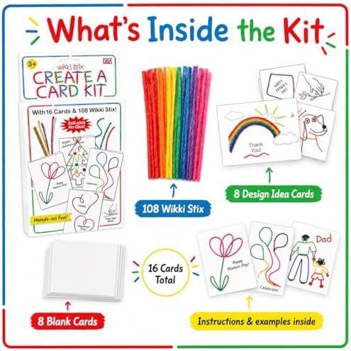 Wikki Stix Create-A-Card Kit, Kids Greeting Card Craft Kit with 108 16 Cards, Make Handmade Birthday, Holiday, Thank You, Valentine, Mother’s Day & Father’s Day Cards, Mess-Free Craft.