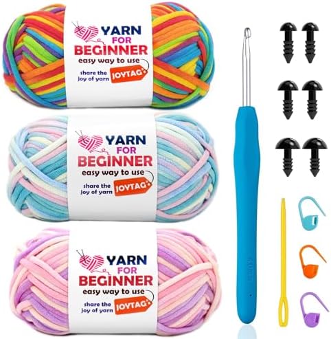 3 Pack Beginners Crochet Yarn Rainbow Cotton Crochet Yarn for Crocheting Knitting Beginners Crochet Kit with Easy-to-See Stitches Cotton-Nylon Blend (3x50g)-Variegated Mix 01