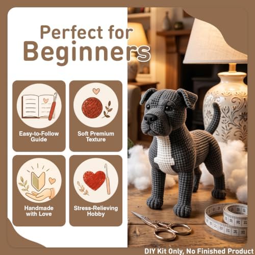 DIY Crochet Pitbull Dog Kit for Beginners – Amigurumi Staffordshire Bull Terrier Stuffed Animal Knitting Kit with Yarn, Hook & Instructions – Easy Beginner Crochet Animal Craft for Adults & Dog Lovers
