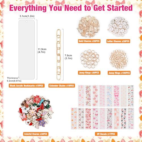 253 Pcs Bow Acrylic Bookmark Blanks(2mm) Thicken 15 DIY Bookmark Making 17 Bow UV DTF Sticker 76 Charms 15 Extender Chains and 130 Jump Ring Suitable for DIY Crafts Gifts