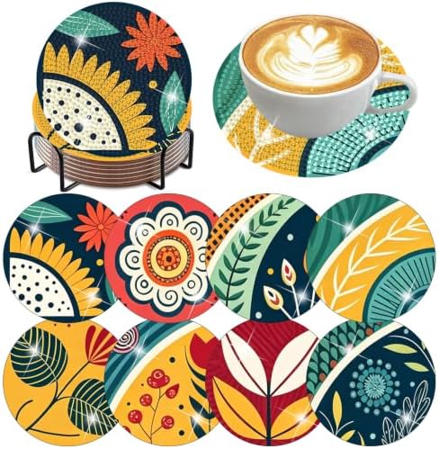 Zythron 8 Pack Diamond Art Coasters Kits,Flowers Diamond Painting Coasters
