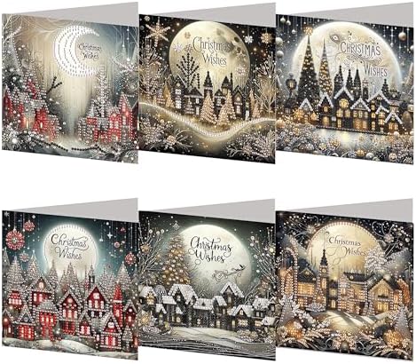 POETRYDRAW 6 Pack 5D DIY Diamond Art Painting Christmas Village Greeting Card Kit, Diamond Art Birthday Holiday Greeting Card, Crafts Kit Creative with Envelope