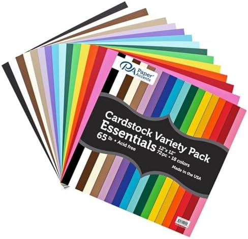 Accent Design Paper Accents Variety Pack, Essential Cardstock, 12x12 Inch, 72 Pack, 18 Colors, 65lb Cardstock, Scrapbooking, Card Making, and Rubber Stamping
