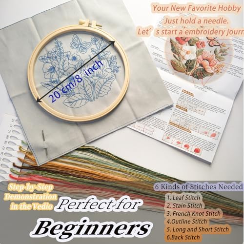 FONNUY Boho Floral Embroidery Kit, Pre-Stamped Butterfly Frolicking in Blooms Patterns Kits for Adults and Beginners, Handmade DIY Crafts Set, Color Thread Needlework, 8'' Hoop (Pink A1)