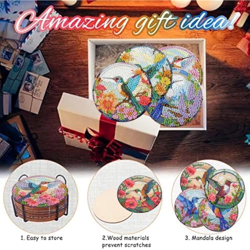 8 Pack Diamond Art Coasters,Hummingbird flowers Diamond Painting Coasters