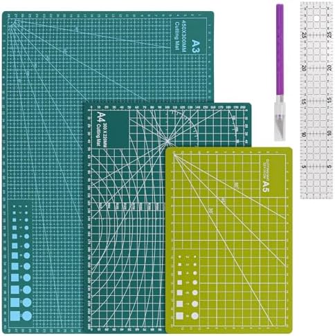 3Pcs Self Healing Cutting Mat with Knife and Quilting Ruler，3 Size Non-Slip Cutting Mat for Crafts Hobby Project， A3/A4/A5，Green