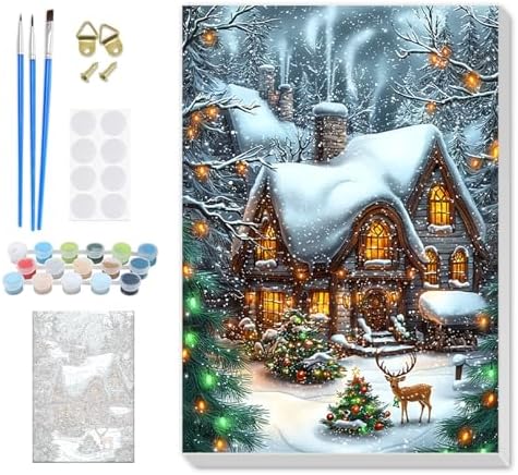 SENQAO Christmas Paint by Numbers for Adults Framed, Christmas House Adults' Paint-by-Number Kits, Adult Paint by Number Kits on Canvas, Acrylic Number Painting for Home Decor, 8x12in