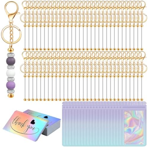 42/84/126 Pcs Beadable Keychain Bars Bulk Blank DIY Beaded Keychain Making Supplies with Bag Thank You Card