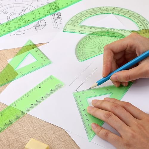 Tenare 6 Pcs Math Geometry Ruler Set, Protractor Triangle School,Green