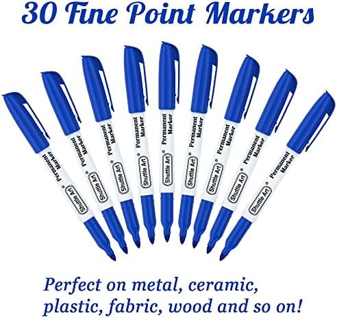 Shuttle Art Permanent Markers, 30 Pack Blue Permanent Marker set,Fine Point, Works on Plastic,Wood,Stone,Metal and Glass for Doodling, Marking