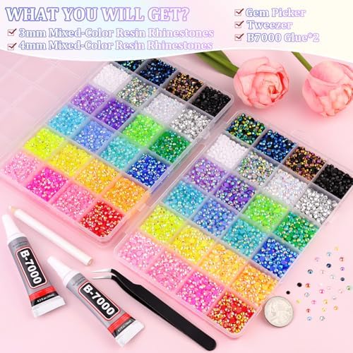 2 Boxes 3mm+4mm Jelly Rhinestones for Bedazzling, 25000Pcs Multicolor Flatback Resin Gems for Crafting, Bedazzler Kit with 2Pcs 10ml B7000 Jewelry Glue for DIY Crafts Book Fabric Decor Nail Art