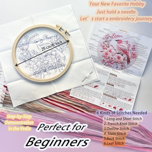 FONNUY Embroidery Kit for Beginners, Hummingbird Flowers Pre-Stamped Pattern Kits for Adults with Hoop, Easy to Follow Color Thread Needlework, 8''Hoop (Lightpink)