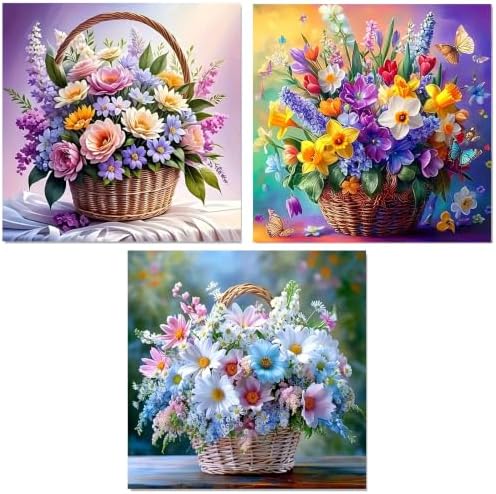 WNPOKN 3 Pack Floral Basket Diamond Art Kits for Adults 12x12Inch
