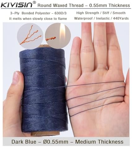Round Waxed Polyester Thread 0.55mm, 440 Yards, Dark Blue, Stiff 3 Ply Leather Wax String for Hand Sewing, Beading, Knotting, Book Binding, Upholstery, Macrame Jewelry and Bracelets Making