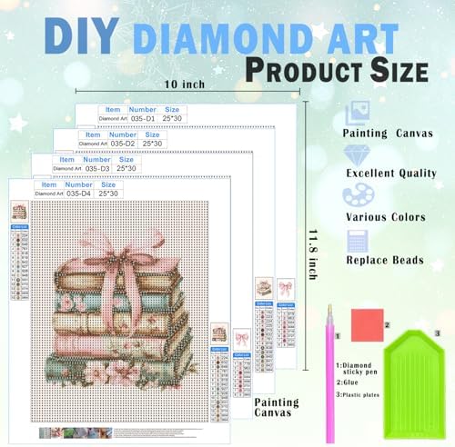 XUNLURY Coquette Pink Bow Book Diamond Art Kits 4 Pcs, Vintage Flower Books Diamond Painting Kits for Adults Girls Beginners, Full Drill Diamonds Dots for Home Decor, 9.8x11.8 Inch