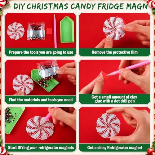 Motipuns 30 Pcs Diamond Magnets,Christmas Candy Cane,Red Green Stripes