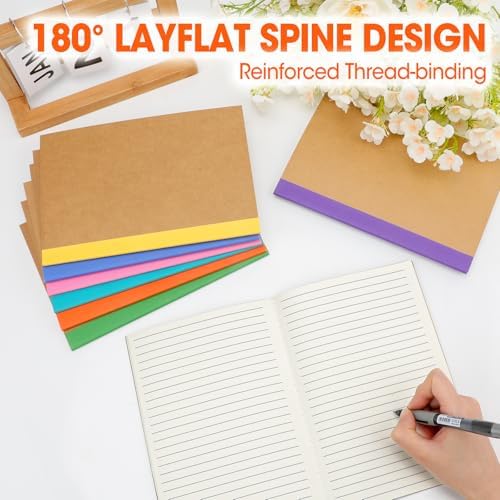 YesBes 64 Pack A5 Kraft Notebooks Bulk, 8.3'' x 5.5'' Lined Journal Notebook with Color Strip, Composition Notebooks Journaling Notebooks for School Office Students Artists, 8 Colors 60 Pages