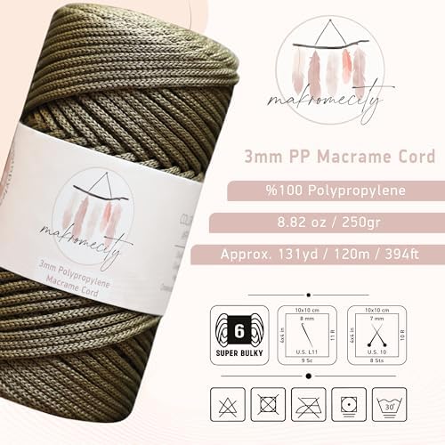 Makromecity, Premium Polyester Macrame Cord 3mm x 131 Yards (394 feet) 3mm Polypropylene Olive Drab Macrame Cord Crochet Macrame Bag Cord Crafts for Wall Hangings, Bags, Underplate, Rug