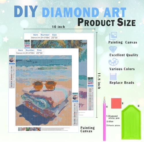 XUNLURY Pastel Coastal Beach Diamond Art Kits 2 Pcs, Summer Tropical Palm Tree Sunglasses Diamond Painting Kits for Adults Beginners, Full Drill Diamonds Dots for Home Decor, 9.8x11.8 Inch