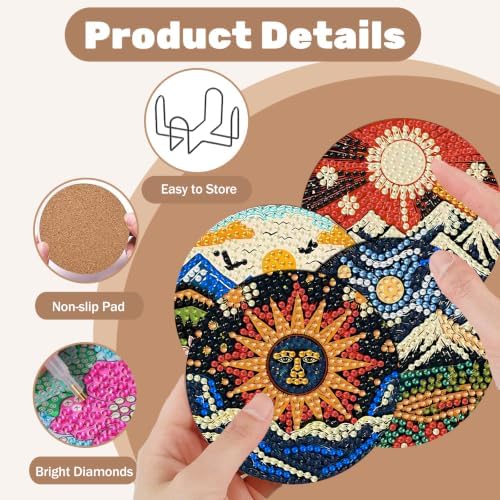 CRZMODE 8 Pcs Landscape Abstract Diamond Art Coasters Kits, Diamond Painting Coasters with Holder Set of 8, DIY Abstract Art Crafts Supplies for Adults Cup Mat House Warming Gifts Non-Slip