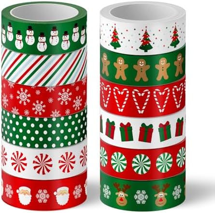 Whaline 12 Rolls Christmas Washi Tape Red Green Xmas Tree Snowman Santa Claus Gingerbread Man Candy Cane Pattern 15mm Decorative Masking Tape for Scrapbook Journal DIY Art Craft Gift Wrapping