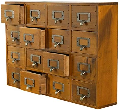 Card Catalog Desk Drawer Organizer - Wooden Storage Box with 16 Drawers - Home Office Desk Organizer Curio Cabinet - Rustic Drawers Dressers for Countertop- Apothecary Cabinet Tea Coffee Pod Storage