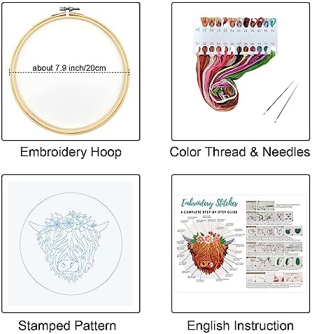 Louise Maelys Highland Cow Stamped Embroidery Kit Floral DIY Craft