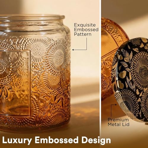LumaCraft Luxury Embossed Glass Candle Jars for Making Candles - 12 Pack 8oz Empty Candle Containers with Airtight Metal Lids, 20 Wicks & 20 Stickers, Colored Glass Jars for Gifts & Decor