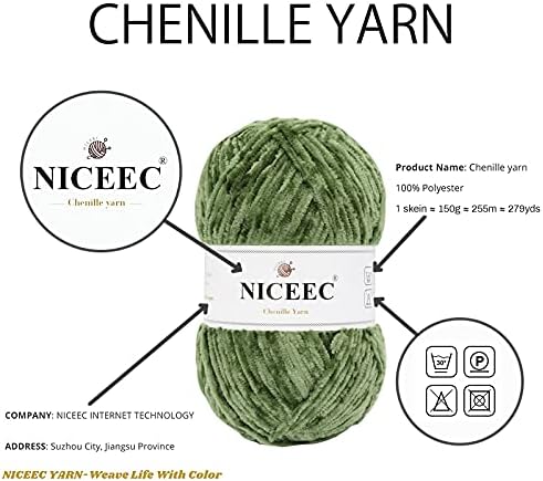 NICEEC 2 Skeins Soft Chenille Yarn 2 x255m (2X 279yds, 3X 150g)_Army Green