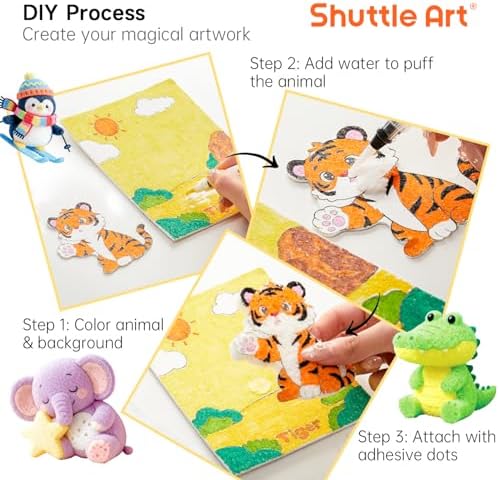 Shuttle Art 63 Pcs Magic Foam Texture Painting Kit Animal Series: 15 Animal Foam Pieces, Coloring Book with 15 Scenes, 12 Acrylic Paint Markers, Magical 3D Effect DIY Art Craft