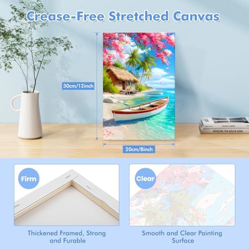 Bowetile Framed Landscape Paint by Numbers Kit for Adults, Adults' Paint-by-Number Kits on Canvas, Painting by Numbers Seaside, Acrylic Boat Number Painting for Home Wall Decor, 8x12in