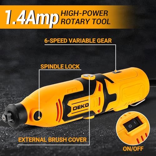 Rotary Tool Kit:DEKOPRO 1.4-Amp Power Hand Rotary Tools with 6 Variable Speed, 127pcs Accessories, 8000~35000RPM Electric Grinder Drill Machine Set with Flex Shaft for Carving, Cutting, Sanding Yellow
