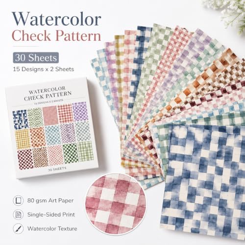 30 Sheets Watercolor Check Pattern Scrapbook Paper,Decorative Cardstock for Junk Journaling, DIY Gift Wrapping, Card Making & Photo Collage Background